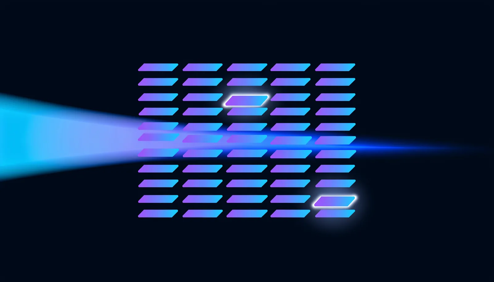 Abstract illustration of a beam sweeping across a grid of code lines with two blocks flagged