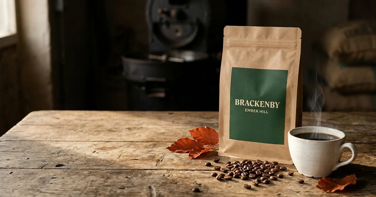 AI-generated product photo of a kraft coffee bag with a green Brackenby Ember Hill label beside a steaming cup on an oak table