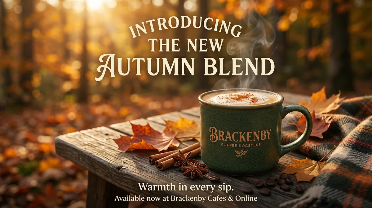 AI image of a green mug with a Brackenby logo, autumn leaves, cinnamon sticks and the invented line Available now at Brackenby Cafes and Online