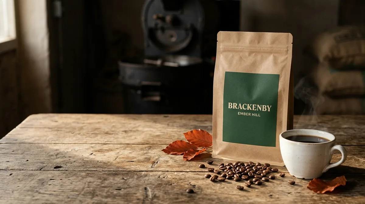 AI product photo of a kraft coffee bag with a green Brackenby Ember Hill label next to a cup of coffee on an oak table in a roastery