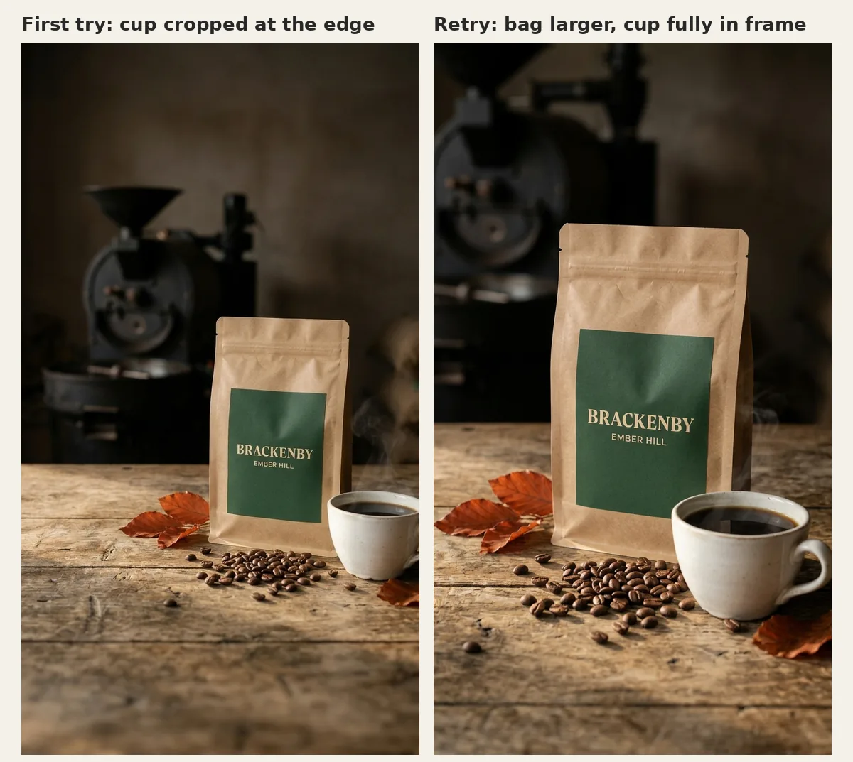 Two vertical AI images side by side: the first with a small bag and a cup cropped at the edge, the second with a larger bag and the cup fully in frame