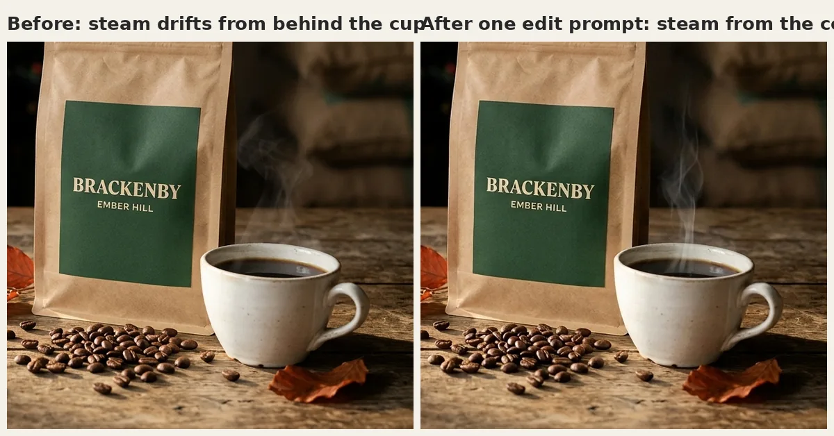 Before and after crops of the coffee cup: steam behind the cup on the left, steam rising from the coffee on the right