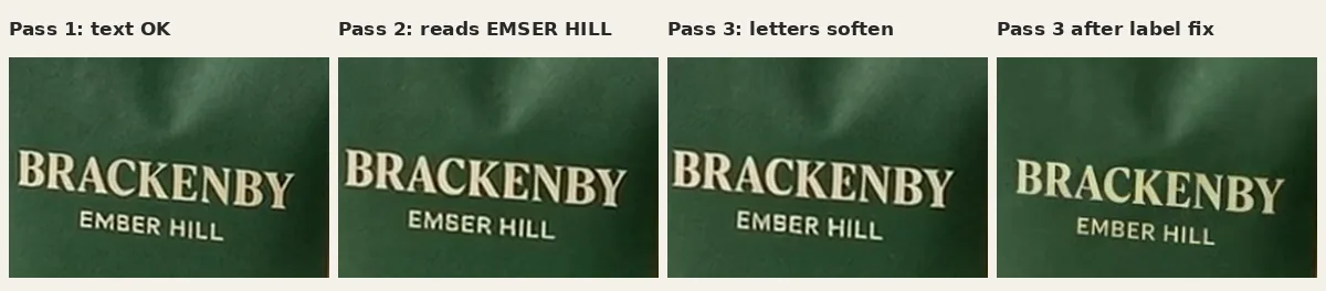 Four crops of the bag label across video passes: correct, reading EMSER HILL, softened letters, and corrected