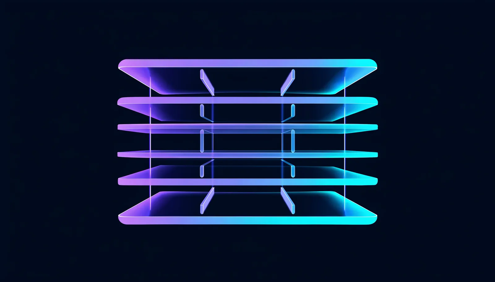 Abstract illustration of five translucent layers stacked and linked by vertical struts