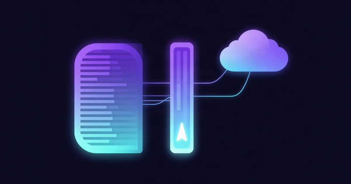 Abstract illustration of a code window, a terminal panel and a cloud linked by glowing lines