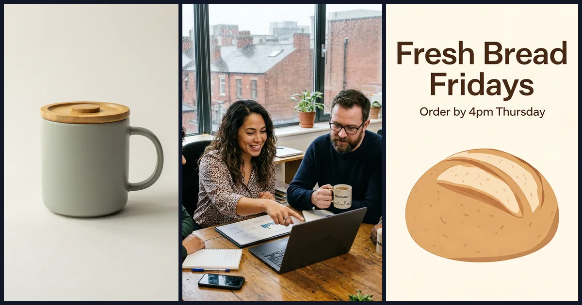Three AI-generated test images side by side: a grey-green mug with a bamboo lid, four colleagues around a laptop by a rainy window with red-brick houses outside, and a cream bakery graphic reading Fresh Bread Fridays