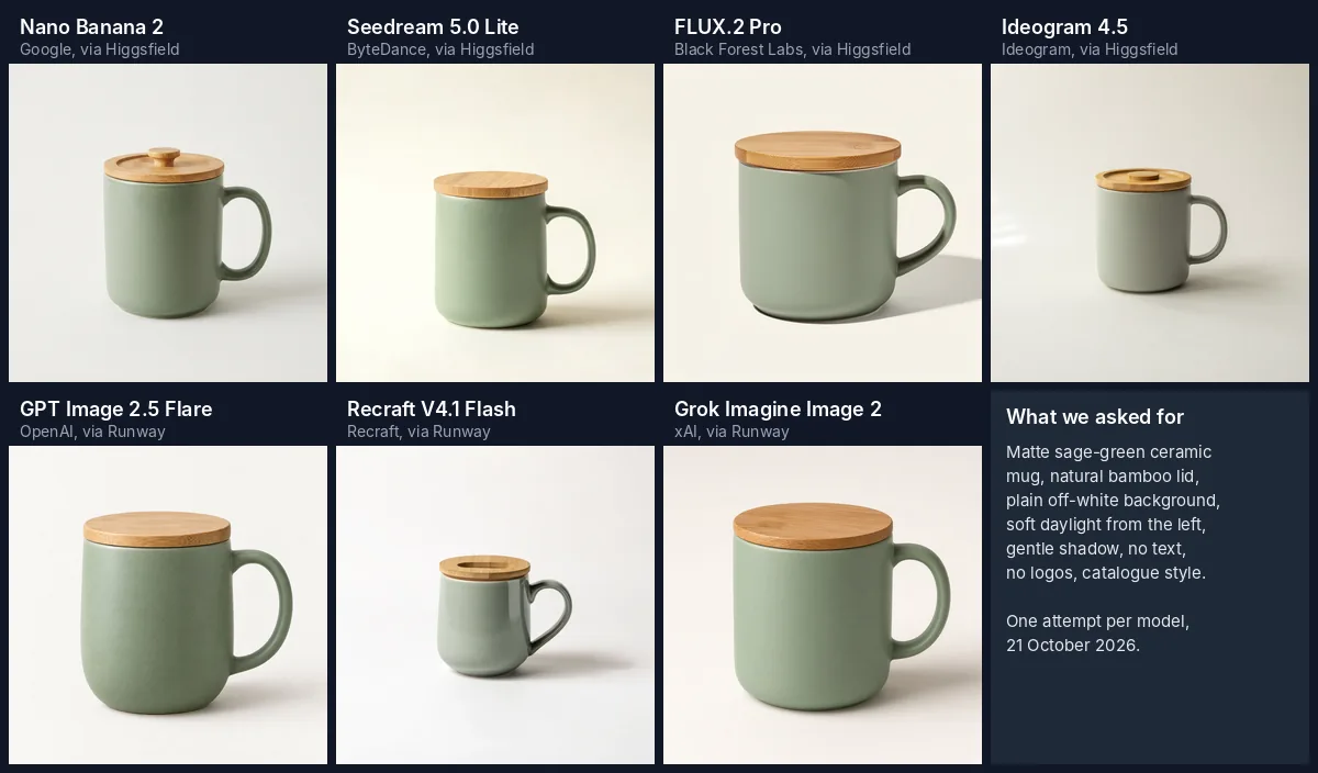 Seven AI-generated product photos of a lidded mug on a plain background, made by Nano Banana 2, Seedream 5.0 Lite, FLUX.2 Pro, Ideogram 4.5, GPT Image 2.5 Flare, Recraft V4.1 Flash and Grok Imagine Image 2
