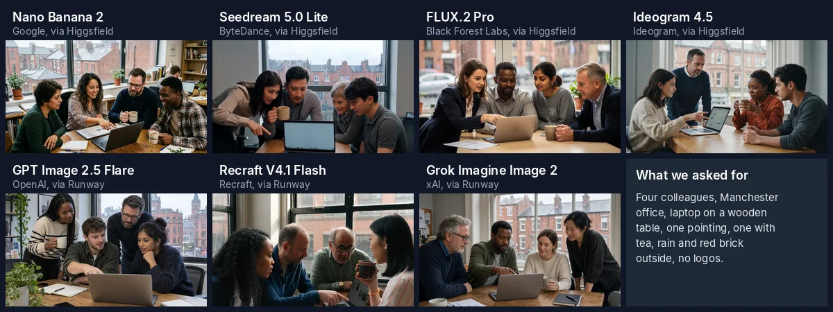 Seven AI-generated photos of colleagues around a laptop in an office with rain on the window and red-brick buildings outside, made by seven different models