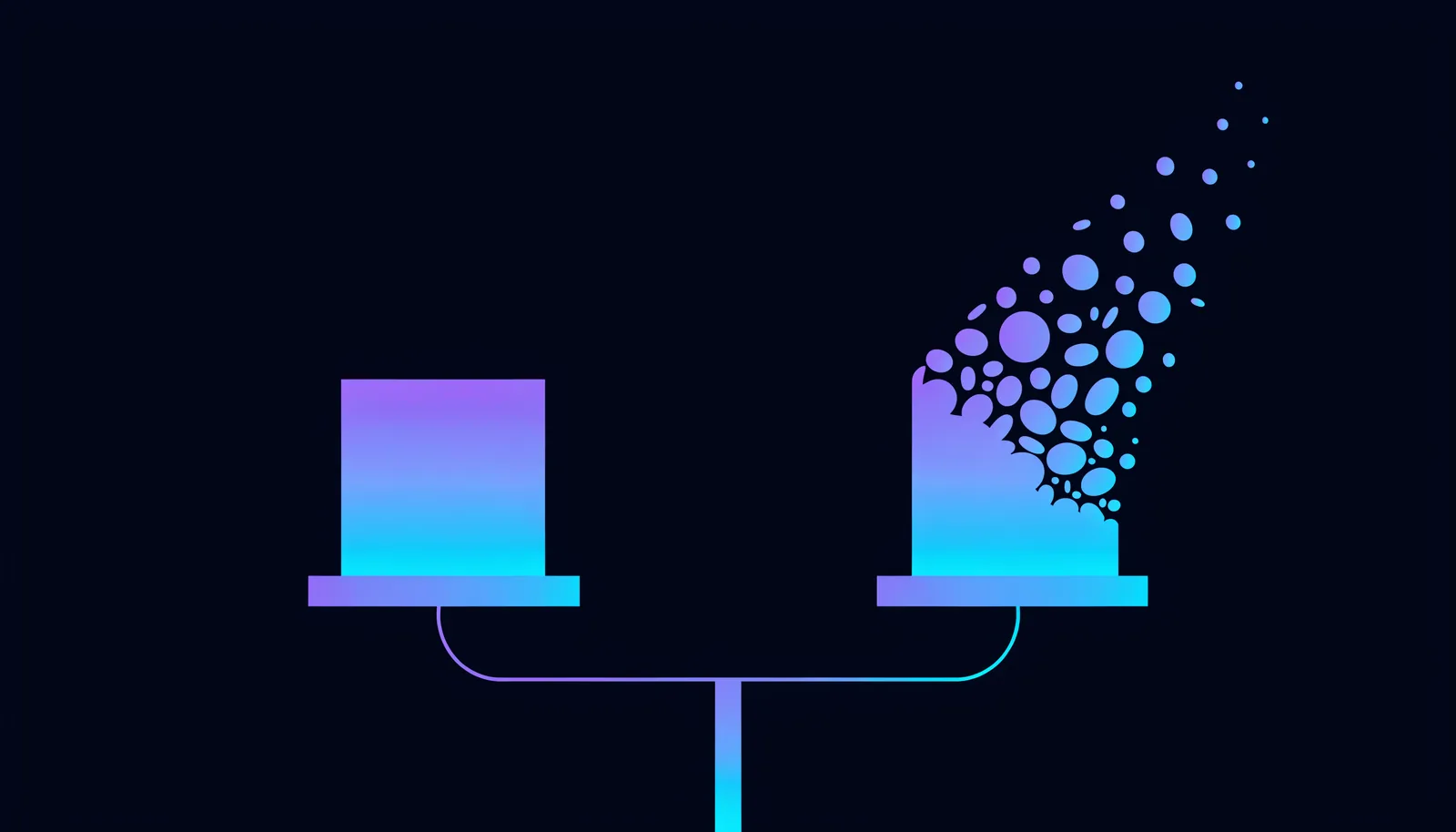 Abstract illustration of a level scale holding a solid block against one dissolving into particles