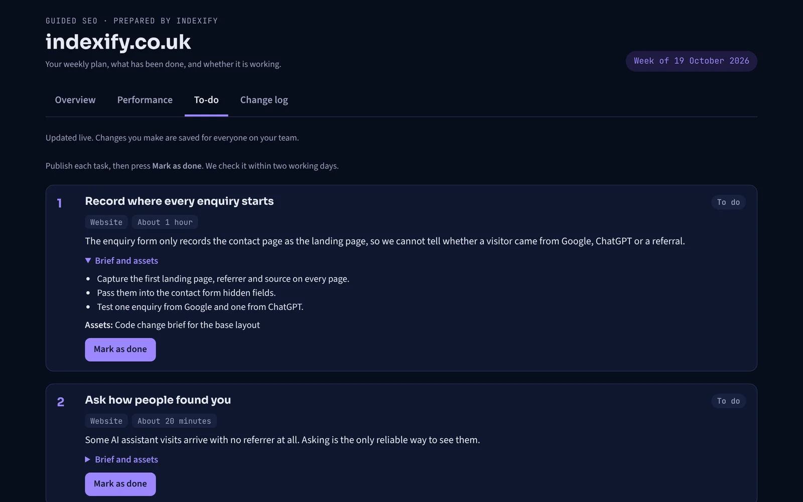 The Guided SEO dashboard showing this week's tasks and progress