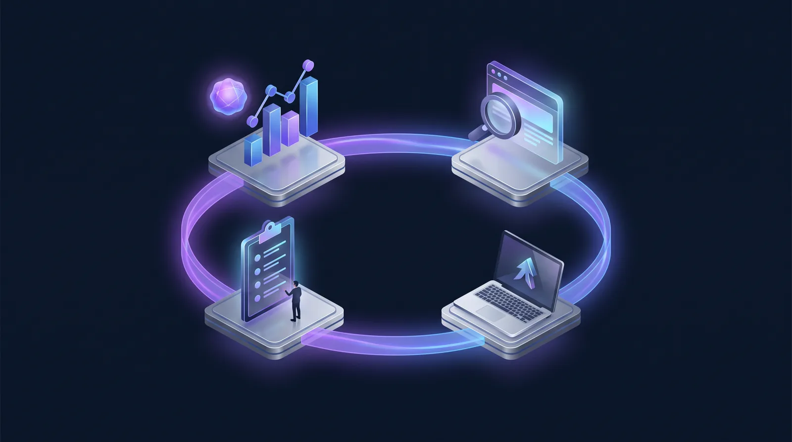 A loop joining four stations: data, a weekly checklist, publishing and checking